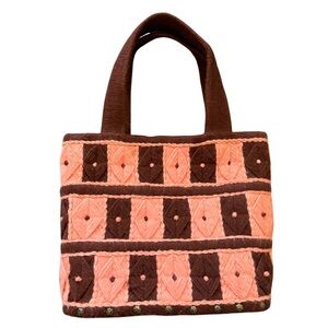 Vintage 70s Boho Handmade Peach & Brown Wooden Bottom Bag